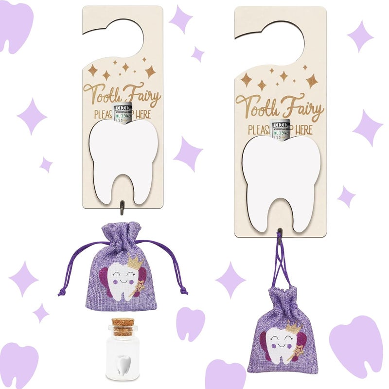 AINBIN Tooth Fairy Tooth Holder, Tooth Fairy Door Hanger with Money Slot, Keepsake Bottle & Burlap Pouch for Lost Teeth, Encourage Gift for Boys Girls (Purple) - Image 1